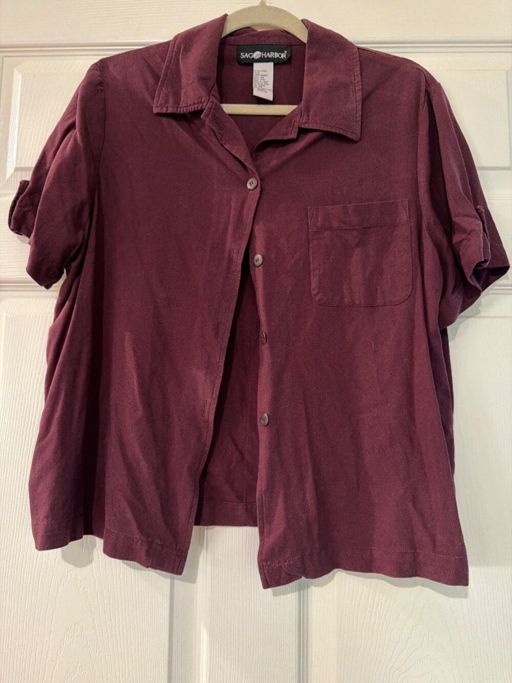 Sag Harbor Womens Large Burgundy 100% Silk Short Sleeve Button-Up Shirt With Poc